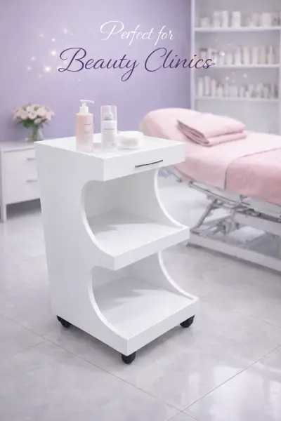 ترابيزة تجميل متحركة 3 رفوف خشب – تصميم عصري مثالي لعيادات التجميل والسبا لون ابيض - YASSO STORE