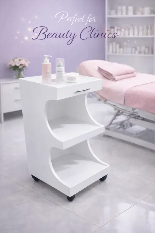 ترابيزة تجميل متحركة 3 رفوف خشب – تصميم عصري مثالي لعيادات التجميل والسبا لون اخضر - الابيض