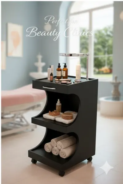 ترابيزة تجميل متحركة 3 رفوف خشب – تصميم عصري مثالي لعيادات التجميل والسبا لون اسود - YASSO STORE
