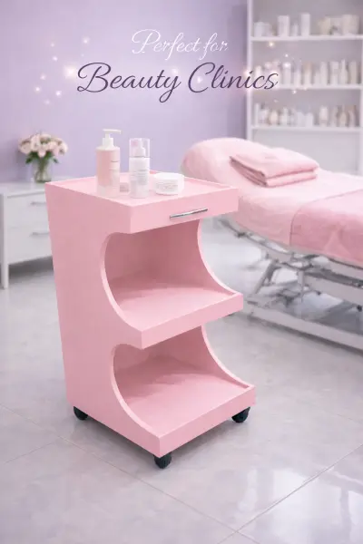 ترابيزة تجميل متحركة 3 رفوف خشب – تصميم عصري مثالي لعيادات التجميل والسبا لون بينك - صورة إضافية
