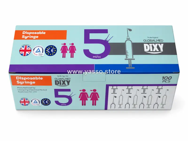 سرنجات ديكسي 5 سم (5 مل) مع 2 سن - سرنج طبي معقم للاستعمال مرة واحدة - عبوة 100 قطعة - YASSO STORE