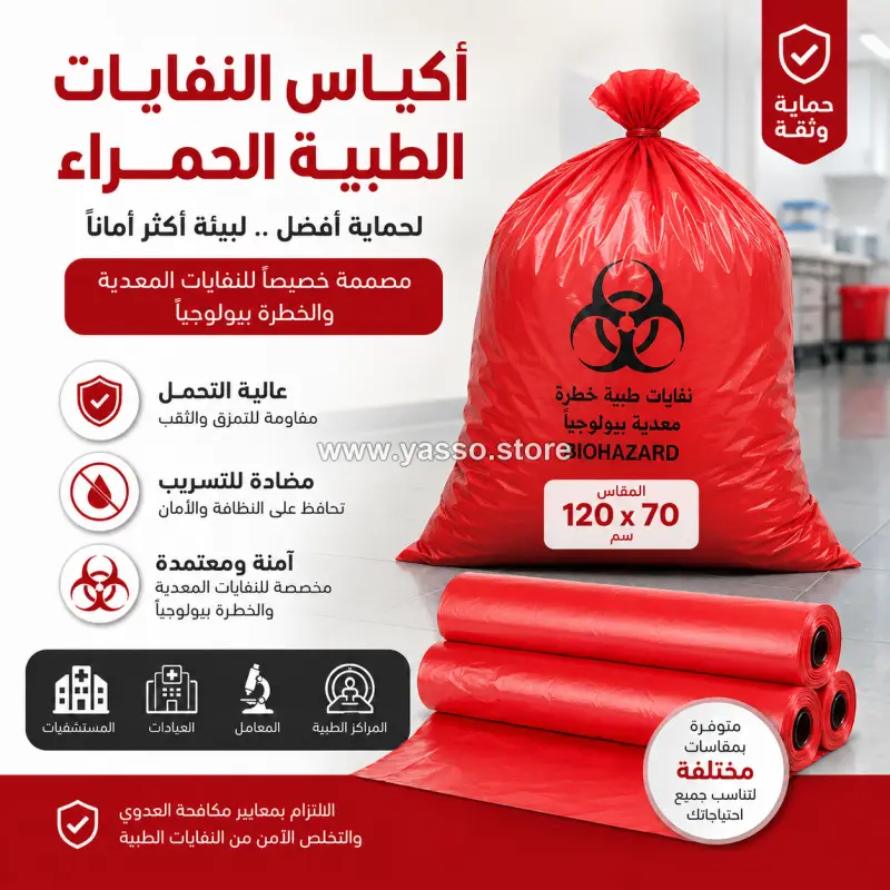 أكياس نفايات 120 لتر طبية حمراء عالية التحمل للنفايات المعدية – مقاومة للتسريب - YASSO STORE