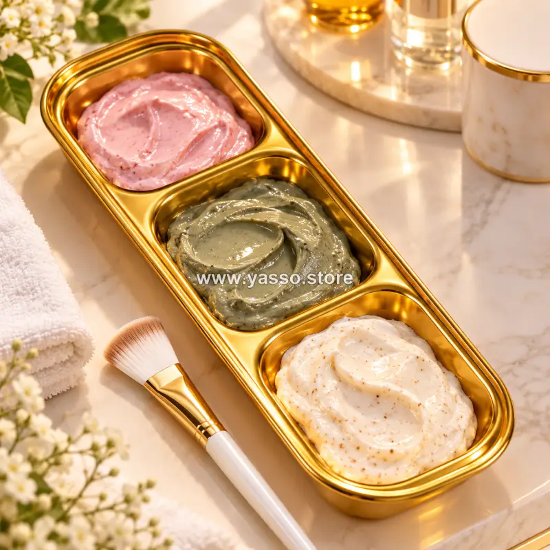 سيرفيس ثلاثي ذهبي فاخر لتجهيز وتقديم ماسكات العناية بالبشرة (Skin Care Tool Tray) - YASSO STORE